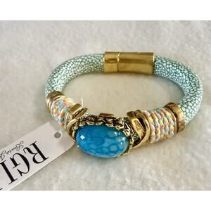 "LAURA JANELLE" GOLD TONE Multi-Color Stone Charm Boho Bangle Bracelet